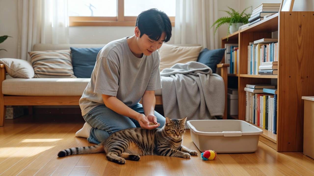 펫시팅으로 고양이의 일상을 돌보는 방문 서비스 장면