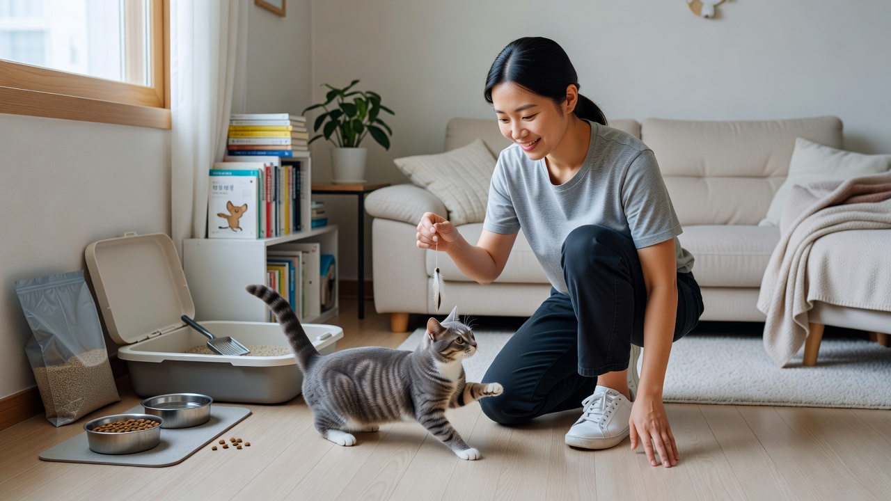 펫시터비용 확인을 위한 방문 고양이 돌봄 장면