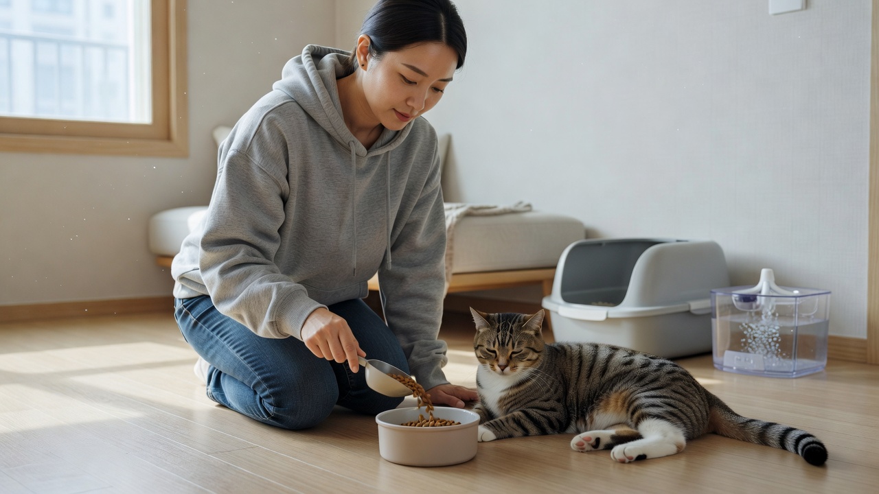 인천펫시터 방문 돌봄으로 고양이 급여하는 모습