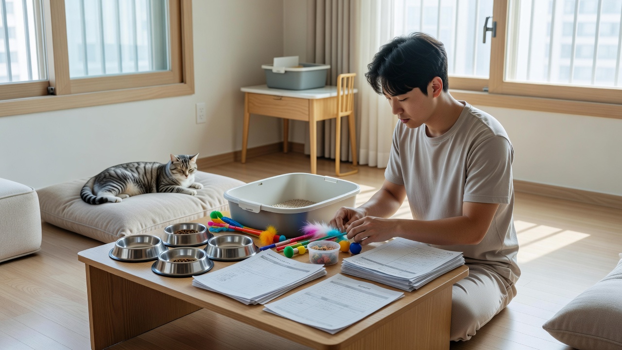 고양이돌봄 서비스 이용 전 집안 정리와 물품 준비 장면