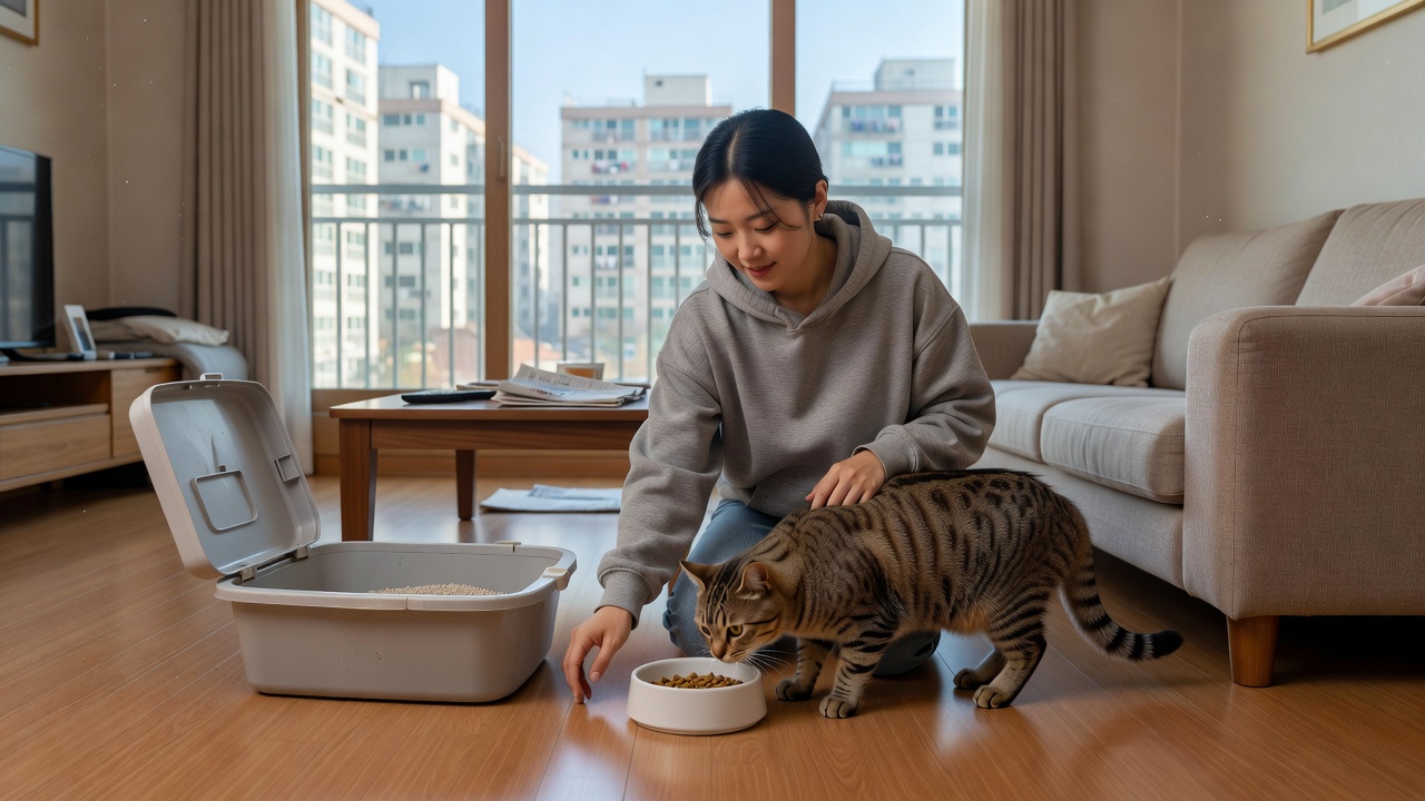 고양이펫시터가 집에서 고양이 식사와 배변을 돌보는 장면