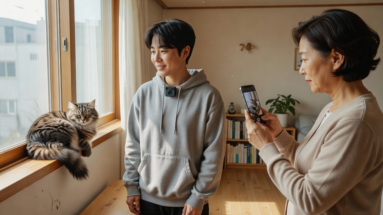 캣시터 실시간 영상으로 고양이 상태를 확인하는 장면