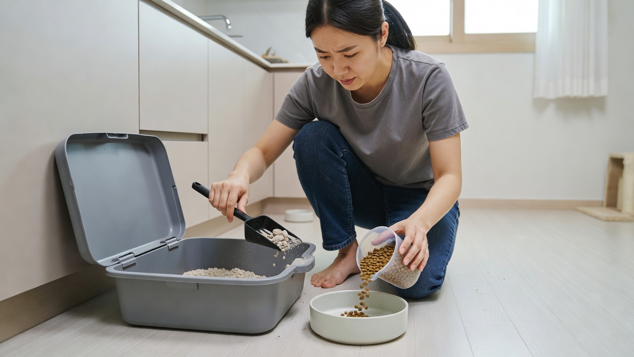 탁묘 서비스에서 펫시터가 고양이 식사와 배변을 관리하는 모습