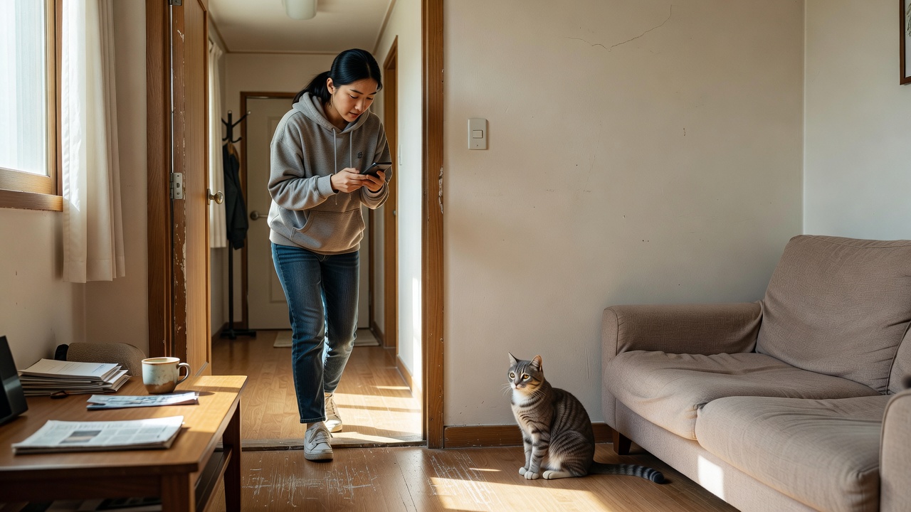 고양이돌보미가 방문해 사전미팅 없이 돌보는 장면