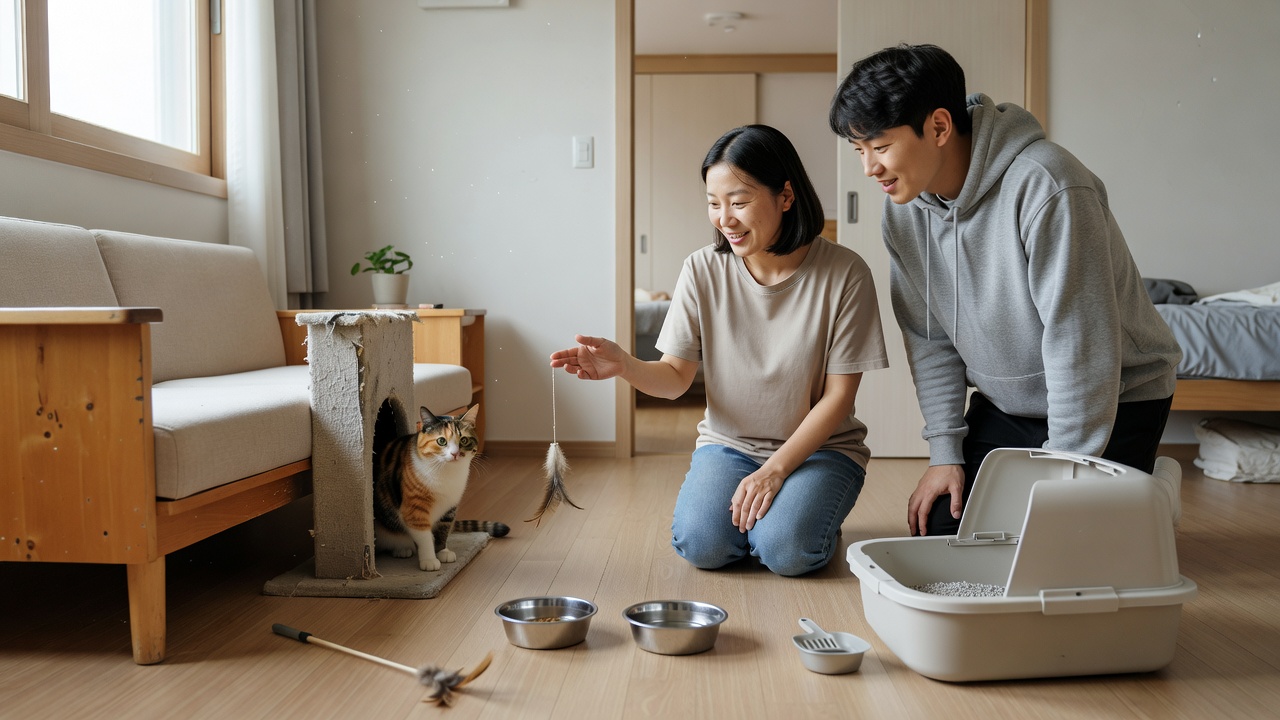 캣시터에게 고양이 사료와 환경 정보를 미리 알려주는 모습